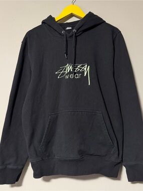 Stussy black hoodie with green logo faded etc medium